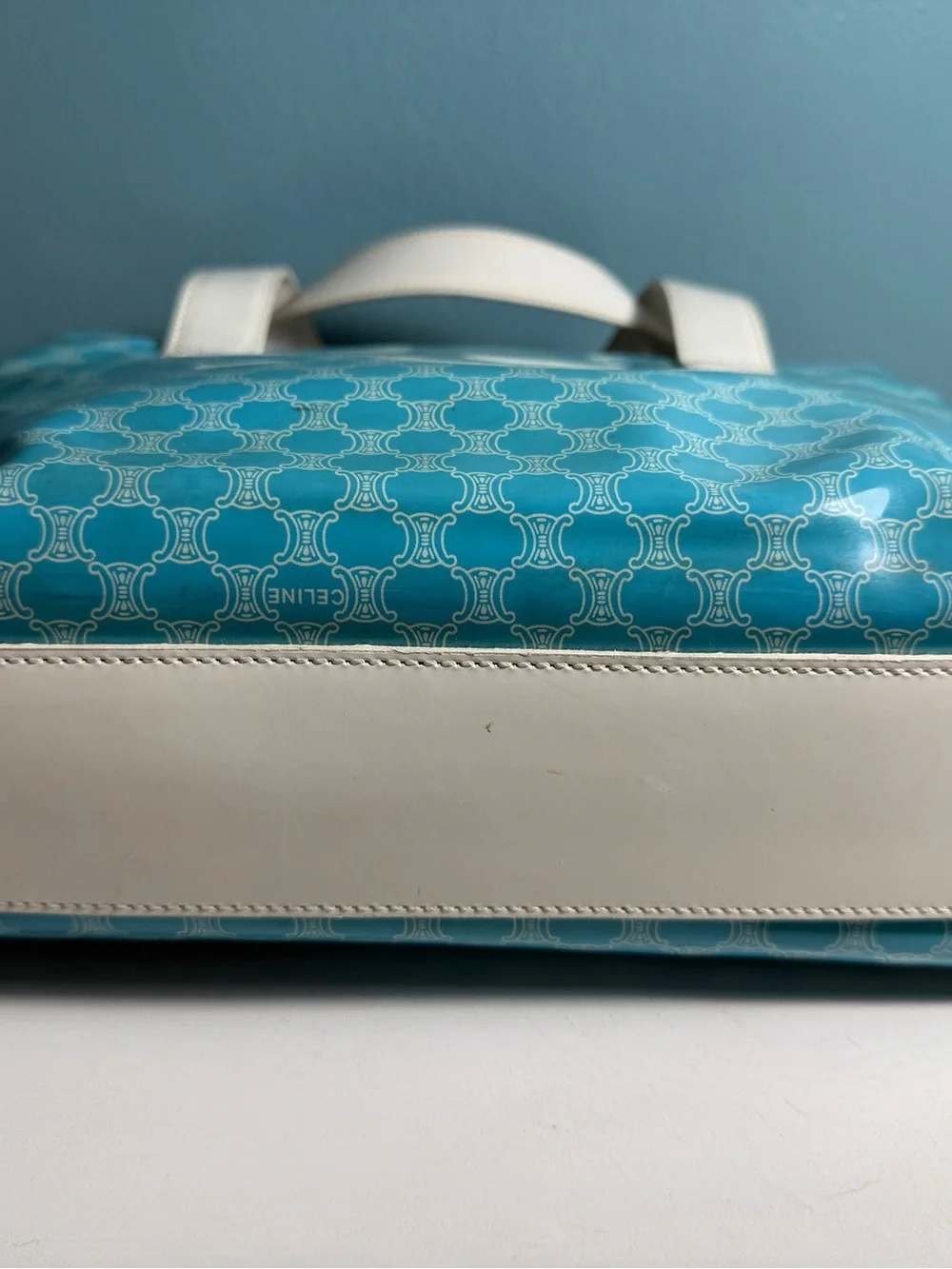 Authentic Vintage Celine Macadam Triomphe Bag Teal Coated Canvas & White Leather